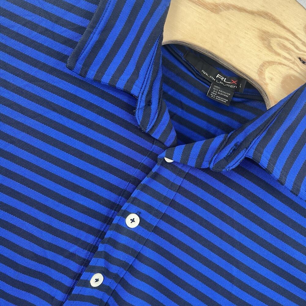 RLX Polo Ralph Lauren Large Navy Blue Black Striped Short Sleeve Golf Polo Shirt